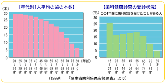 年代別1人平均の歯の本数　　歯科健康診査の受診状況　　（1999年　『厚生省歯科疾患実態調査』より